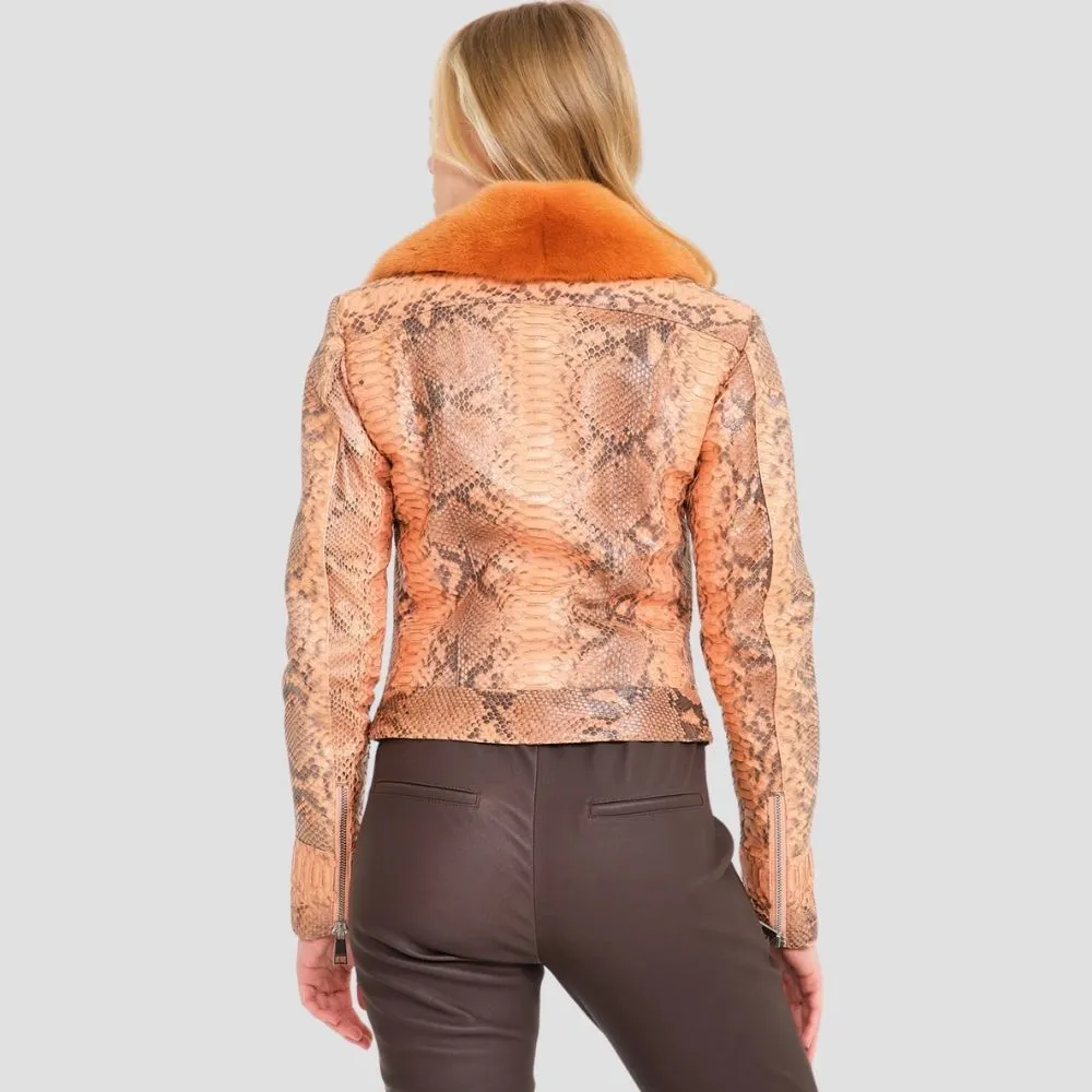 Women Snake Skin Pattern Fur Collar Jacket For Urban Fashion