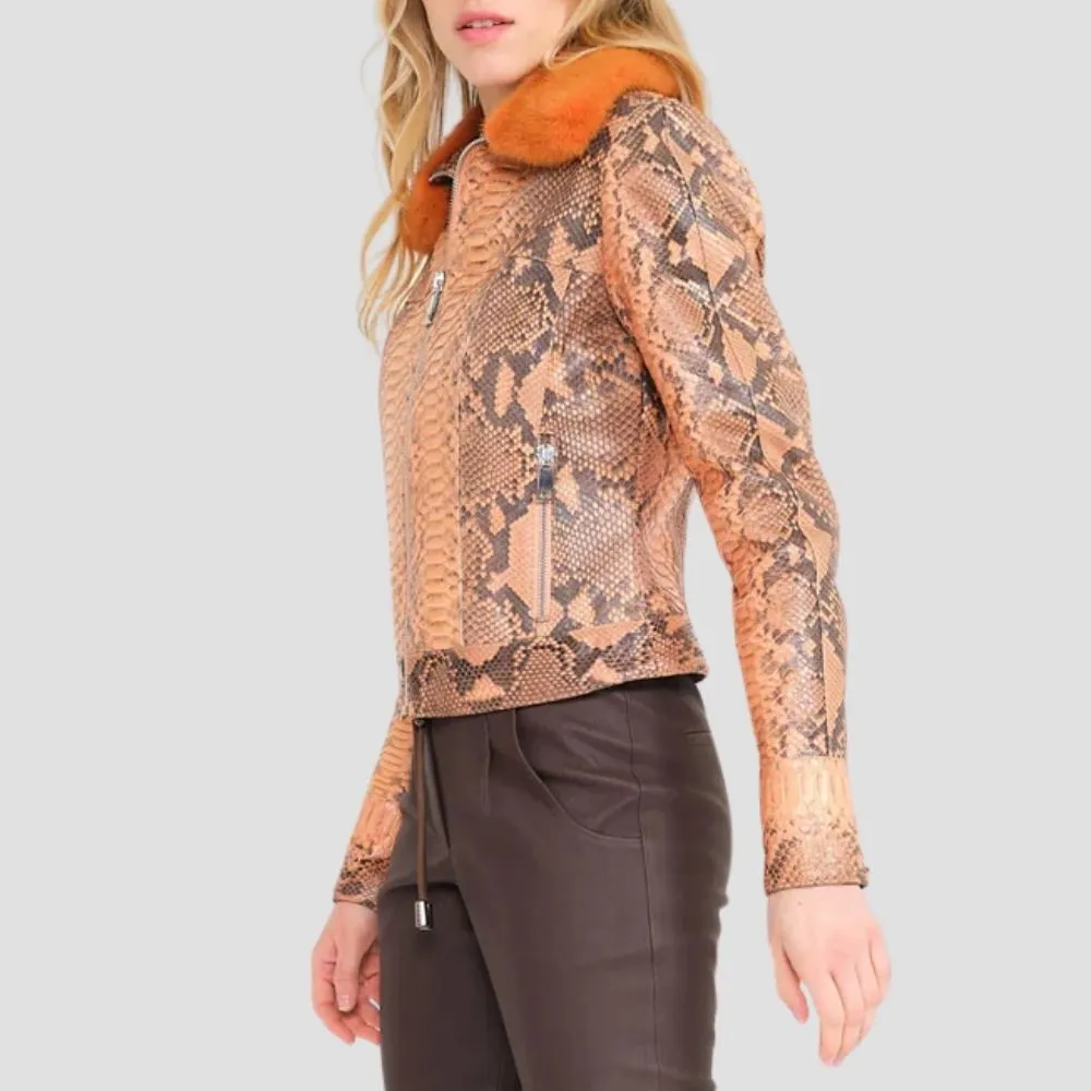Women Snake Skin Pattern Fur Collar Jacket For Urban Fashion
