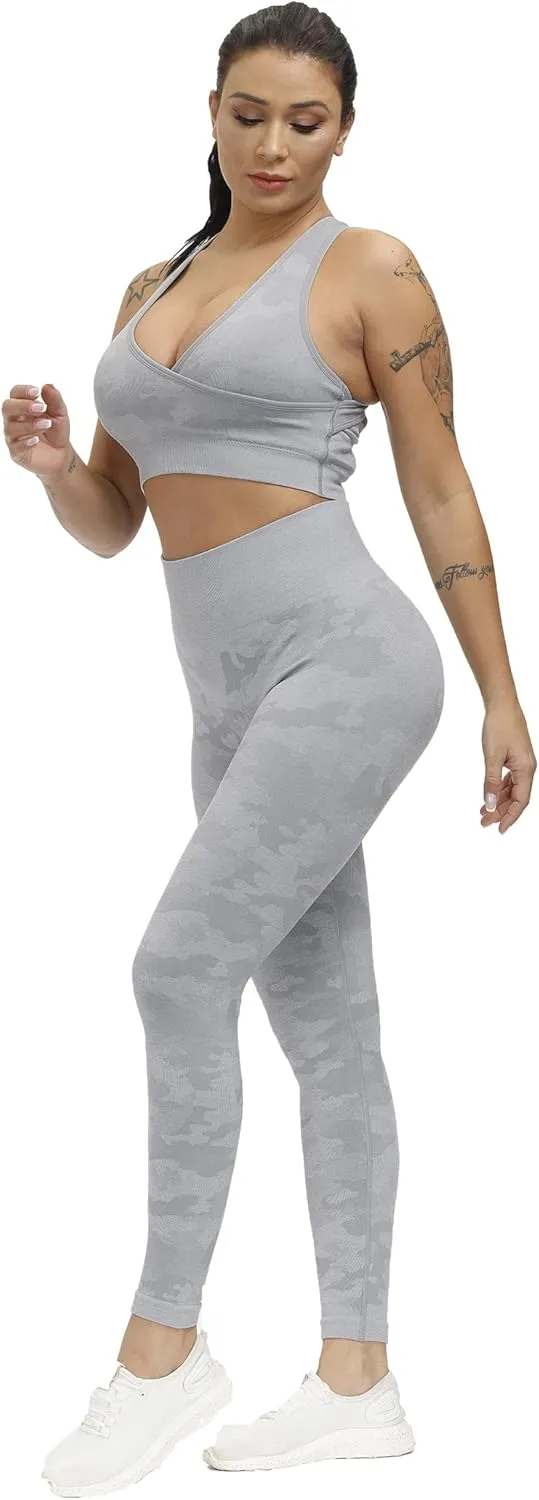 Women Workout Set Active 2 Pieces Outfit Seamless Yoga Leggings with Paded Stretch Sports Bra Top