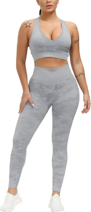 Women Workout Set Active 2 Pieces Outfit Seamless Yoga Leggings with Paded Stretch Sports Bra Top