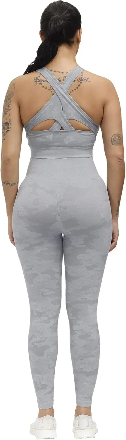 Women Workout Set Active 2 Pieces Outfit Seamless Yoga Leggings with Paded Stretch Sports Bra Top