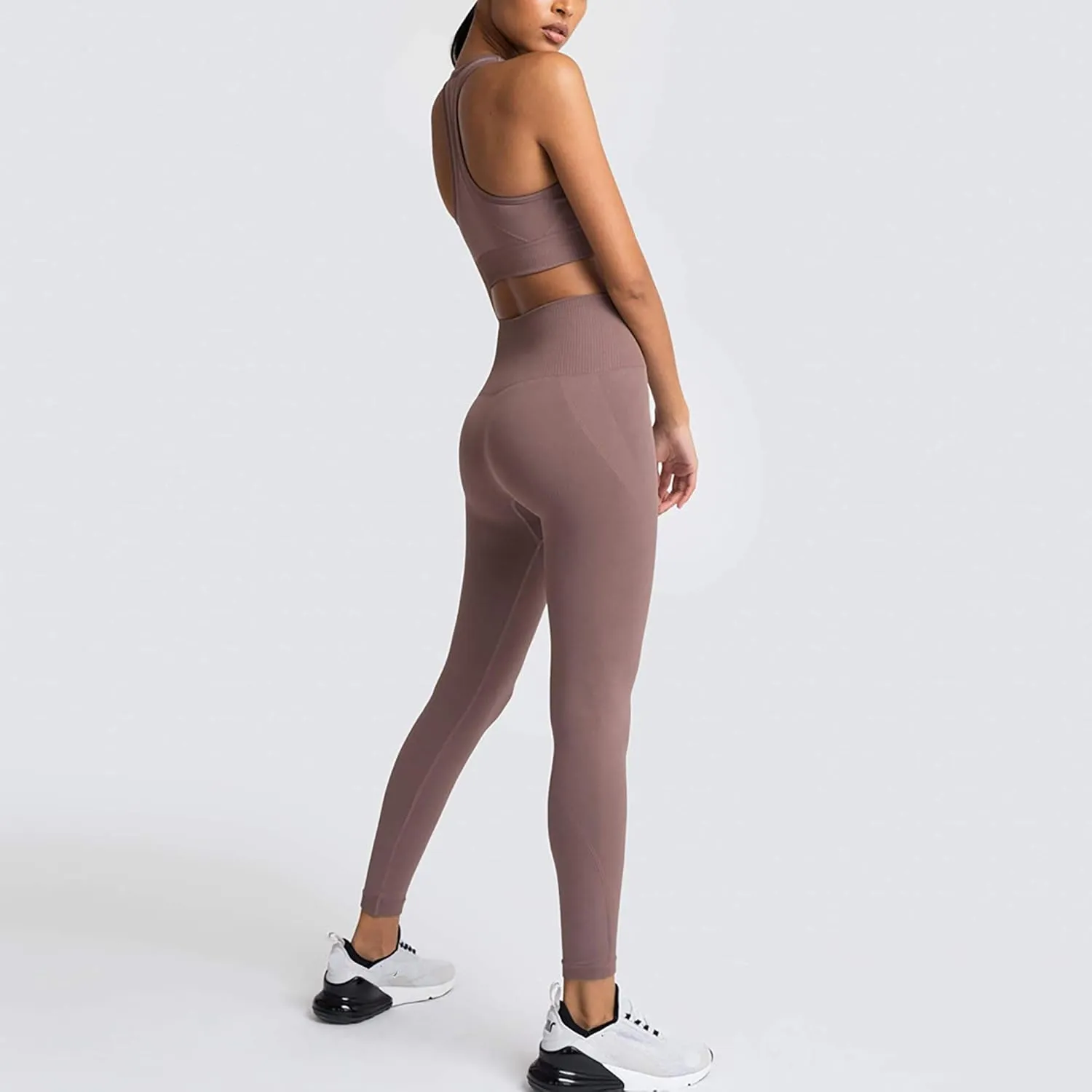 Women Workout Set Active 2 Pieces Outfit Seamless Yoga Leggings with Paded Stretch Sports Bra Top