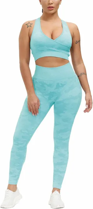 Women Workout Set Active 2 Pieces Outfit Seamless Yoga Leggings with Paded Stretch Sports Bra Top