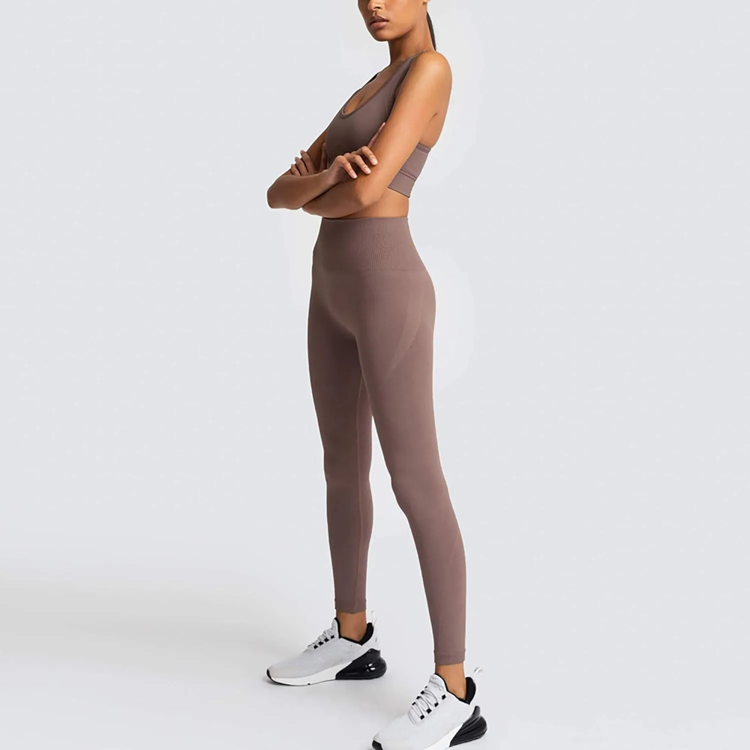 Women Workout Set Active 2 Pieces Outfit Seamless Yoga Leggings with Paded Stretch Sports Bra Top