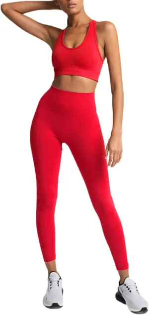 Women Workout Set Active 2 Pieces Outfit Seamless Yoga Leggings with Paded Stretch Sports Bra Top