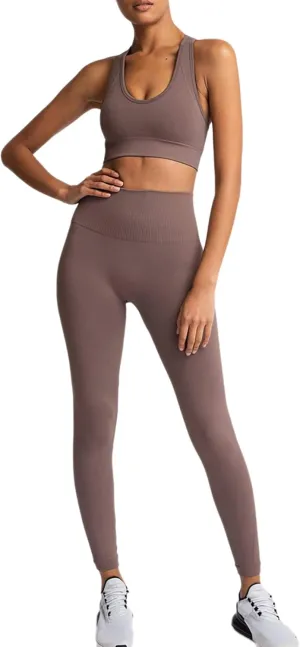 Women Workout Set Active 2 Pieces Outfit Seamless Yoga Leggings with Paded Stretch Sports Bra Top
