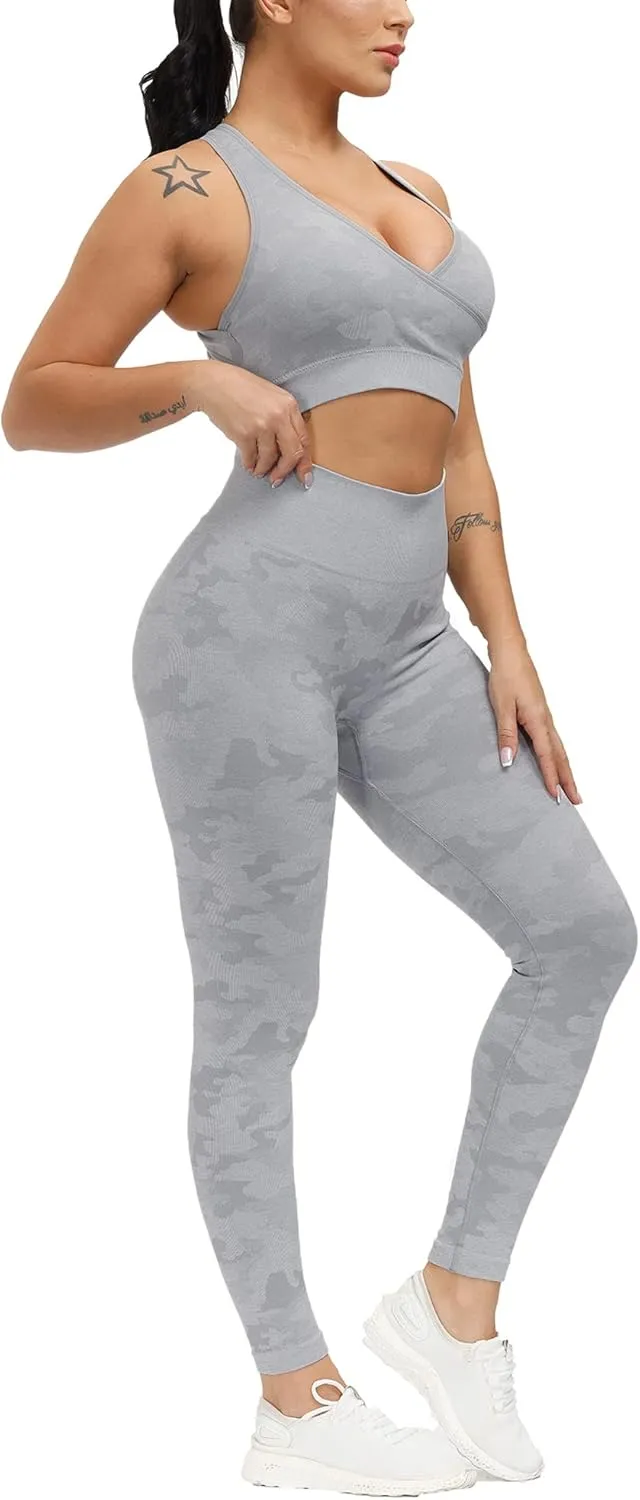Women Workout Set Active 2 Pieces Outfit Seamless Yoga Leggings with Paded Stretch Sports Bra Top