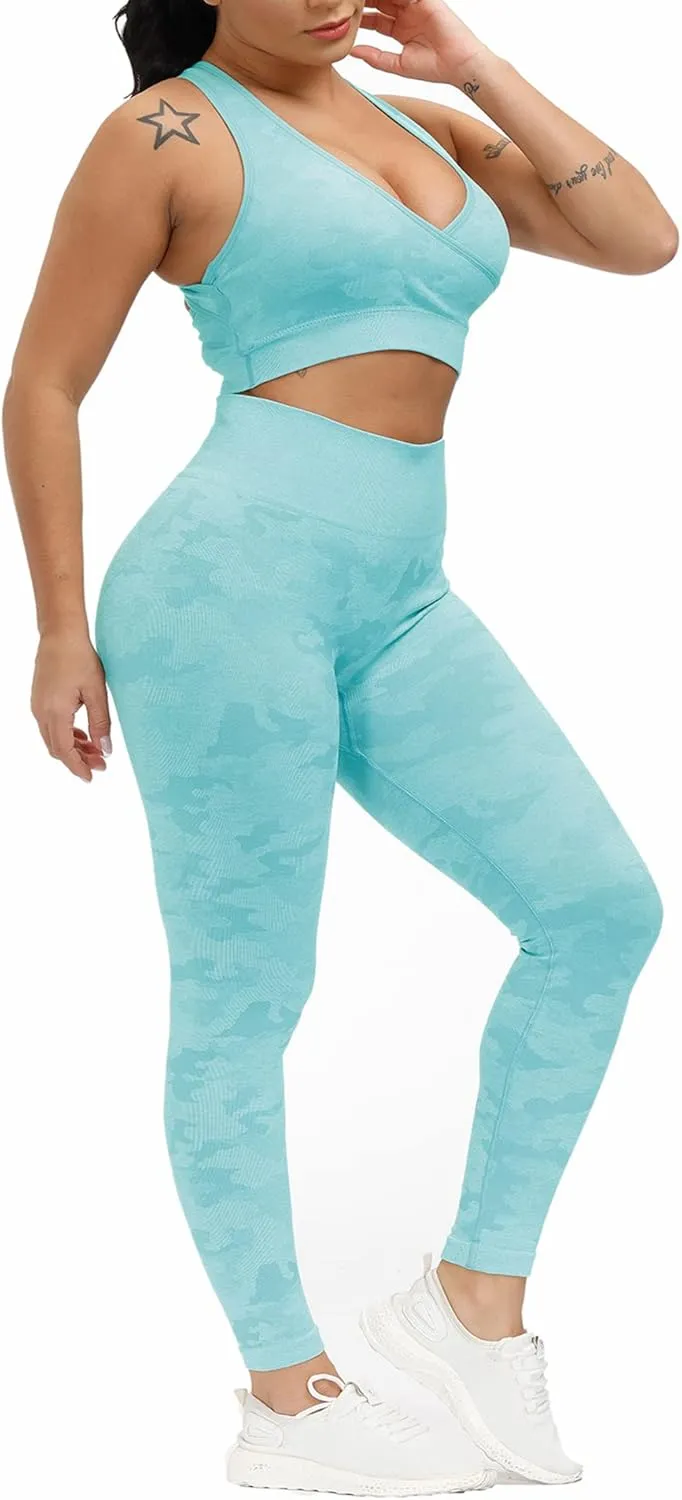 Women Workout Set Active 2 Pieces Outfit Seamless Yoga Leggings with Paded Stretch Sports Bra Top