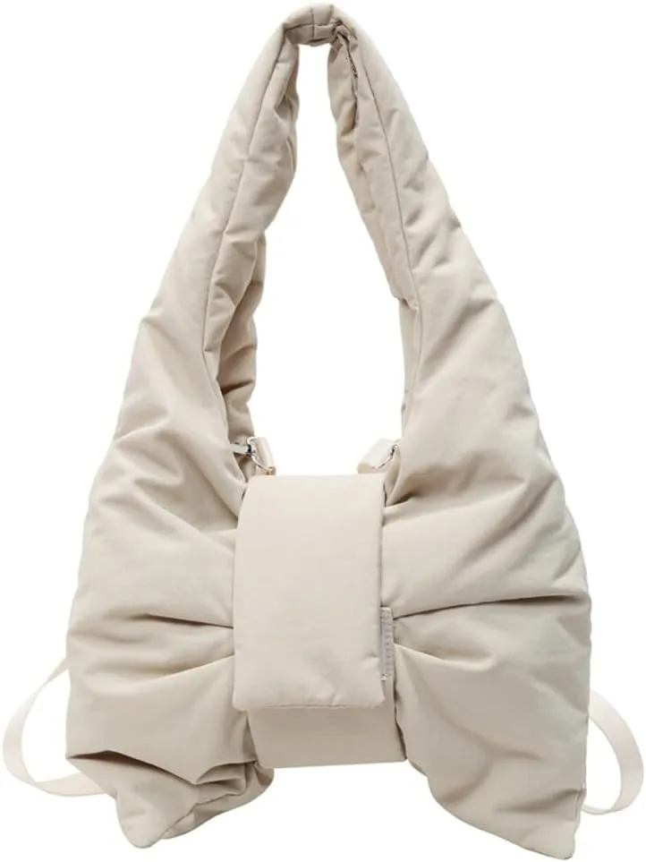 Women’s Bow-tie Shoulder Bag Fashion Tote Handbags Nylon Purse Lightweight Hobo Crossbody Bag for Travel Shopping