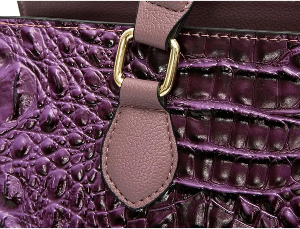 Women’s Crocodile Pattern Leather Satchel Purse - Medium Tote Crossbody Handbag with Clutch Set