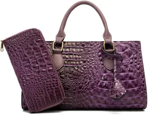 Women’s Crocodile Pattern Leather Satchel Purse - Medium Tote Crossbody Handbag with Clutch Set