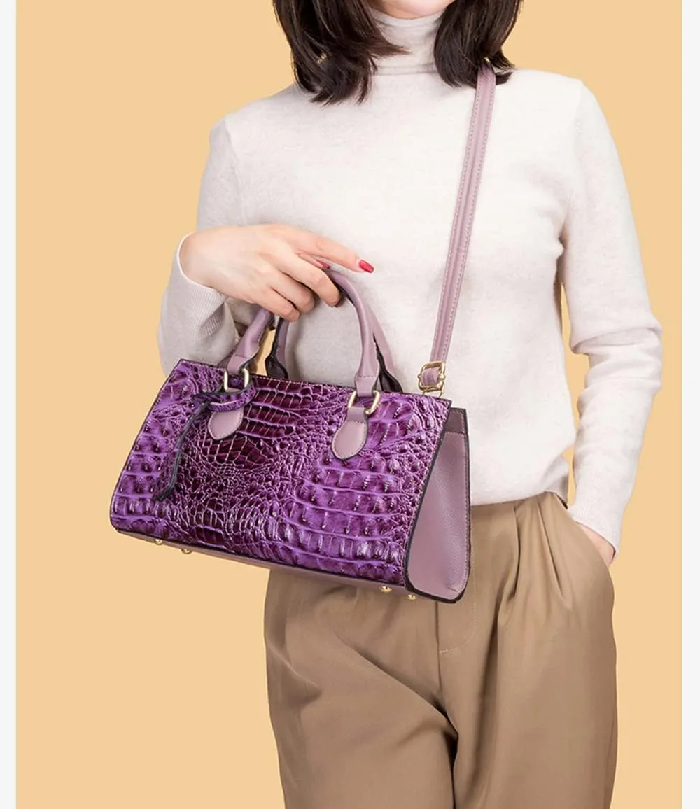 Women’s Crocodile Pattern Leather Satchel Purse - Medium Tote Crossbody Handbag with Clutch Set