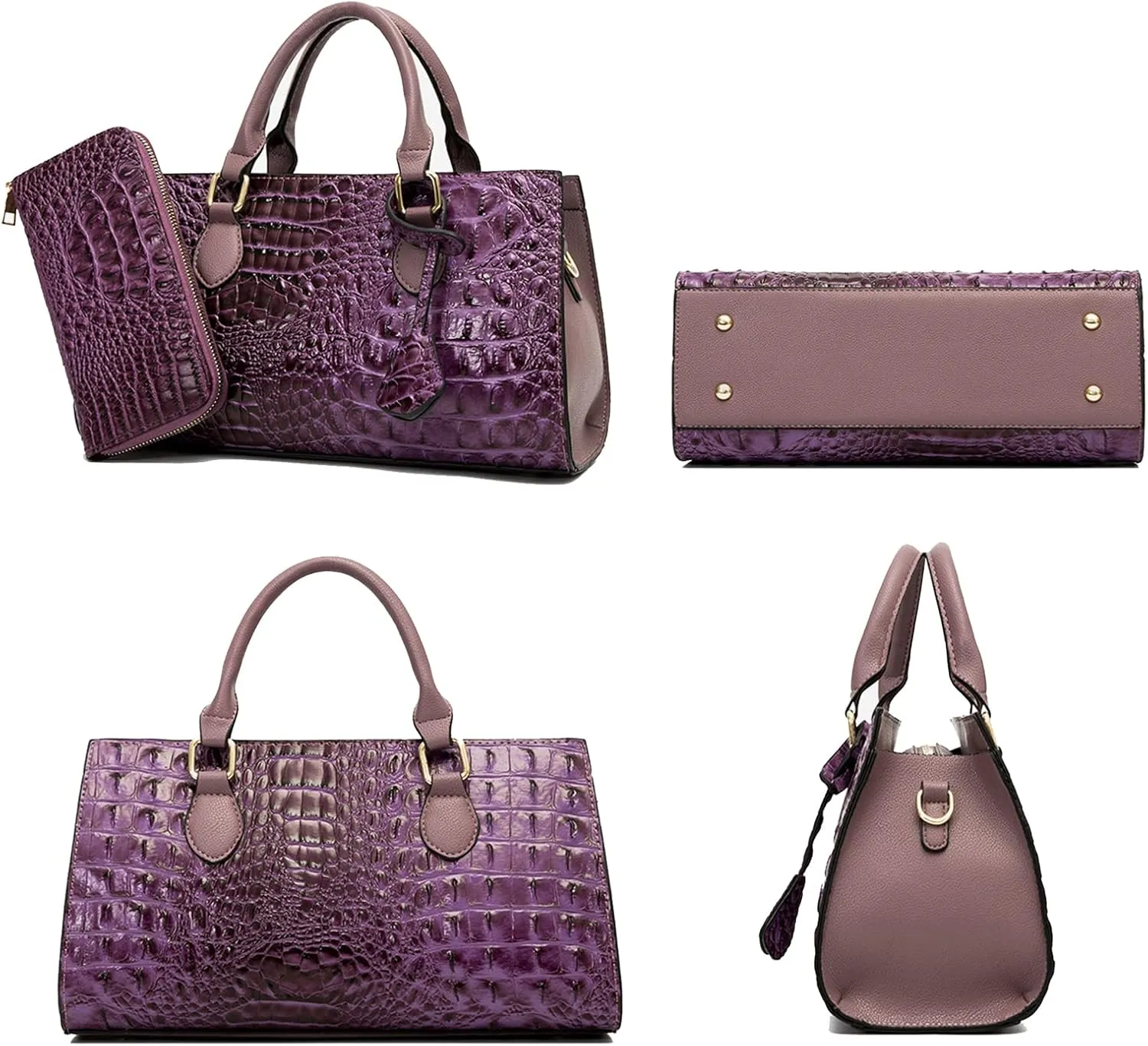 Women’s Crocodile Pattern Leather Satchel Purse - Medium Tote Crossbody Handbag with Clutch Set