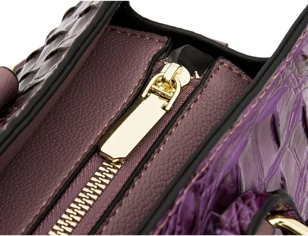 Women’s Crocodile Pattern Leather Satchel Purse - Medium Tote Crossbody Handbag with Clutch Set