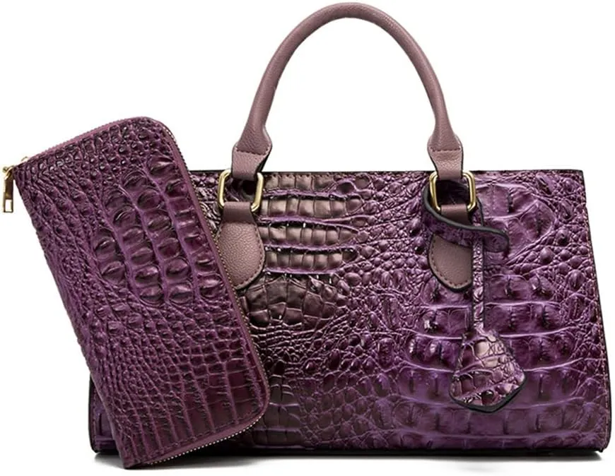 Women’s Crocodile Pattern Leather Satchel Purse - Medium Tote Crossbody Handbag with Clutch Set