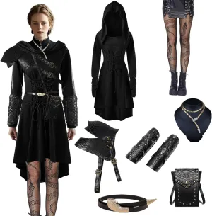 Women's Gothic Renaissance Costume Set - Medieval Hooded Robe & Snake Pattern Leather Armor for Halloween Cosplay