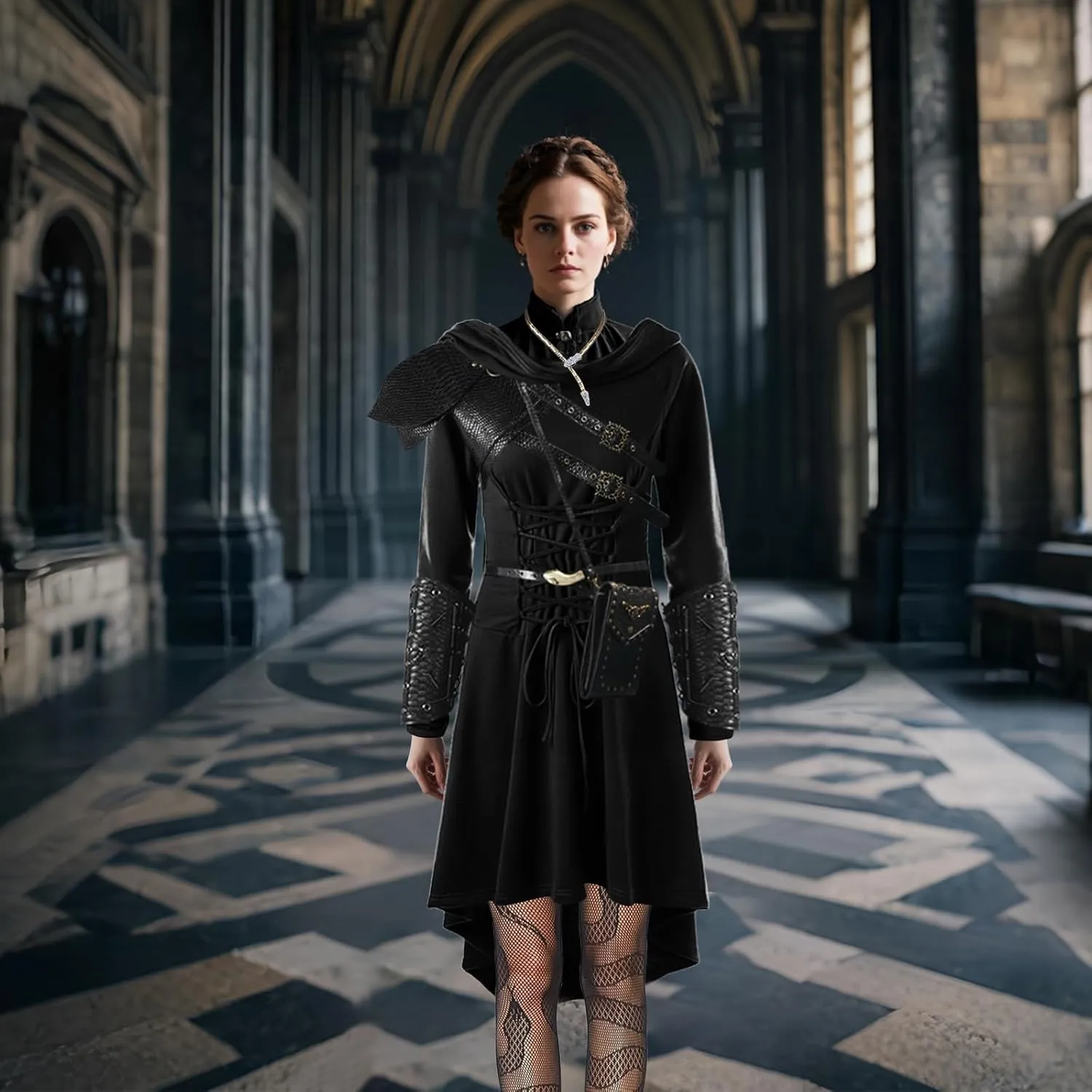 Women's Gothic Renaissance Costume Set - Medieval Hooded Robe & Snake Pattern Leather Armor for Halloween Cosplay