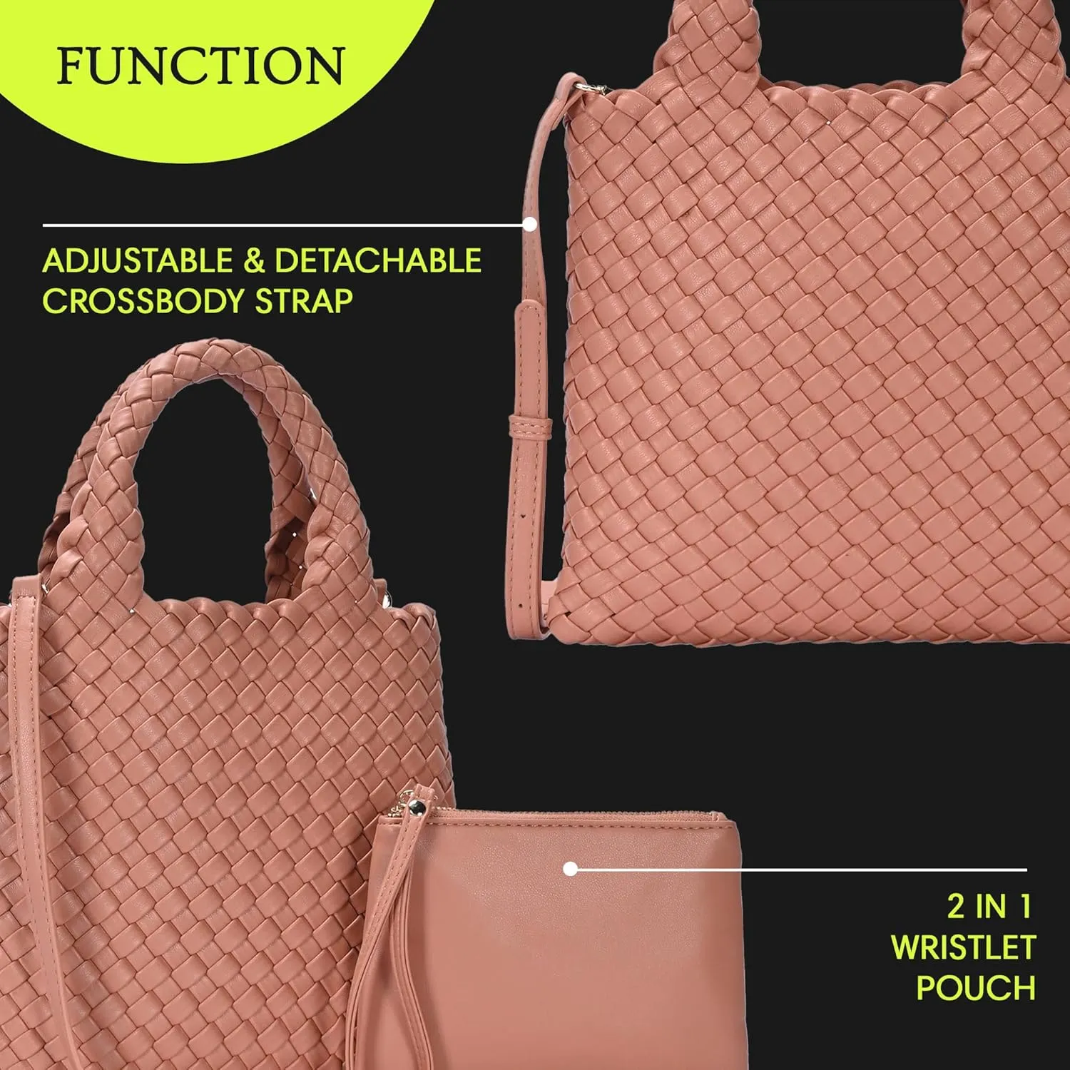 Women's Melody 2-in-1 Woven, Shoulder Bags for Women, Stylish Pouch Wristlet, Vegan Leather, Light Gold Hardware