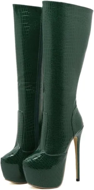 Women's Platform Under the Knee High Boots Crocodile Print Stilettos High Heels
