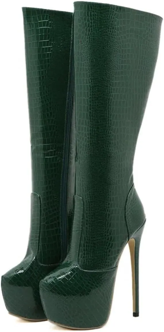 Women's Platform Under the Knee High Boots Crocodile Print Stilettos High Heels