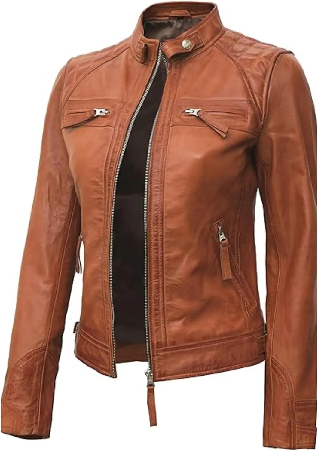 Women's Quilted Biker Leather Jacket – Sleek Café-Inspired Design
