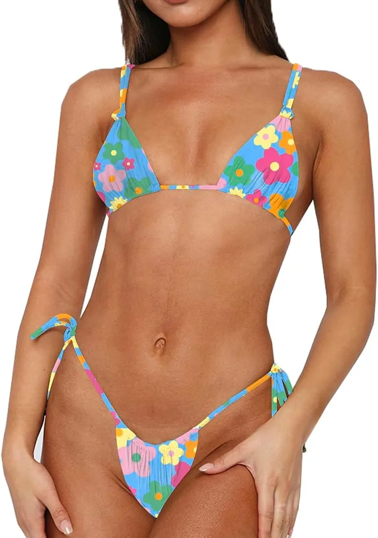 Womens Sexy Bikini Set Thong Hater String Cheeky Two Piece Swimsuits Double Shoulder Straps Swimwear with Adjustable Buckle