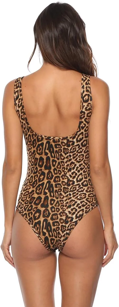 Women's Sexy Bodysuit Leopard Snake Skin Leotard Tank Top Sleeveless Scoop Neck Bodycon Jumpsuit Onesie Romper