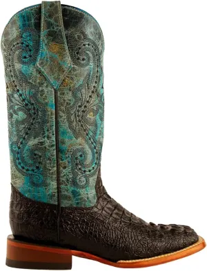 Womens Stampede Croco Print Square Toe Casual Boots Mid Calf Low Heel 1-2" - Blue, Brown, Green
