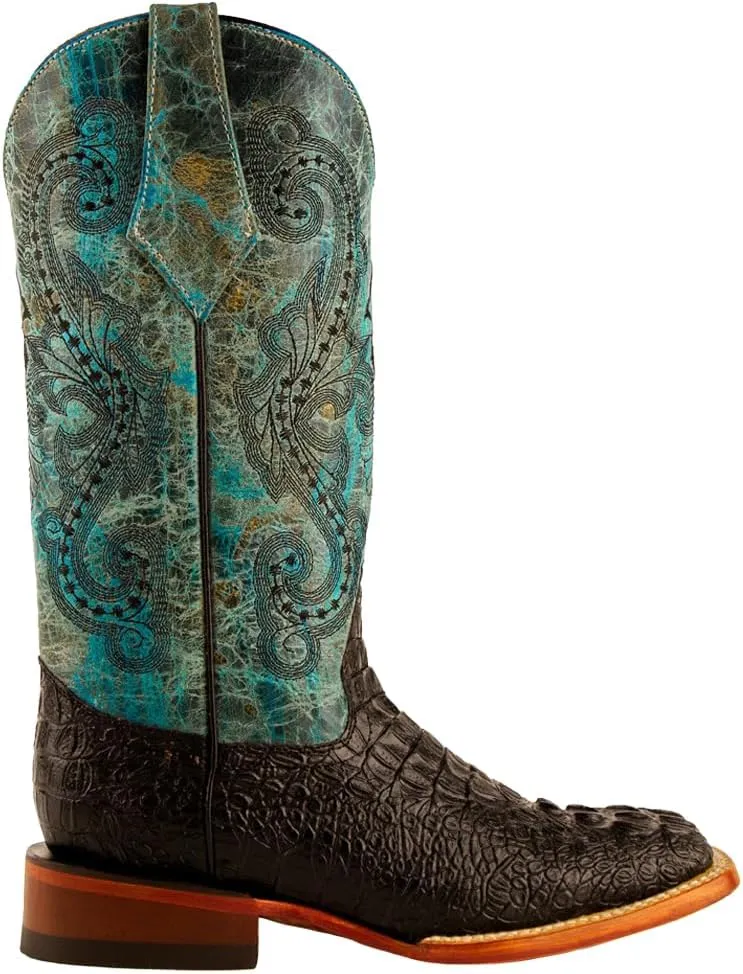 Womens Stampede Croco Print Square Toe Casual Boots Mid Calf Low Heel 1-2" - Blue, Brown, Green