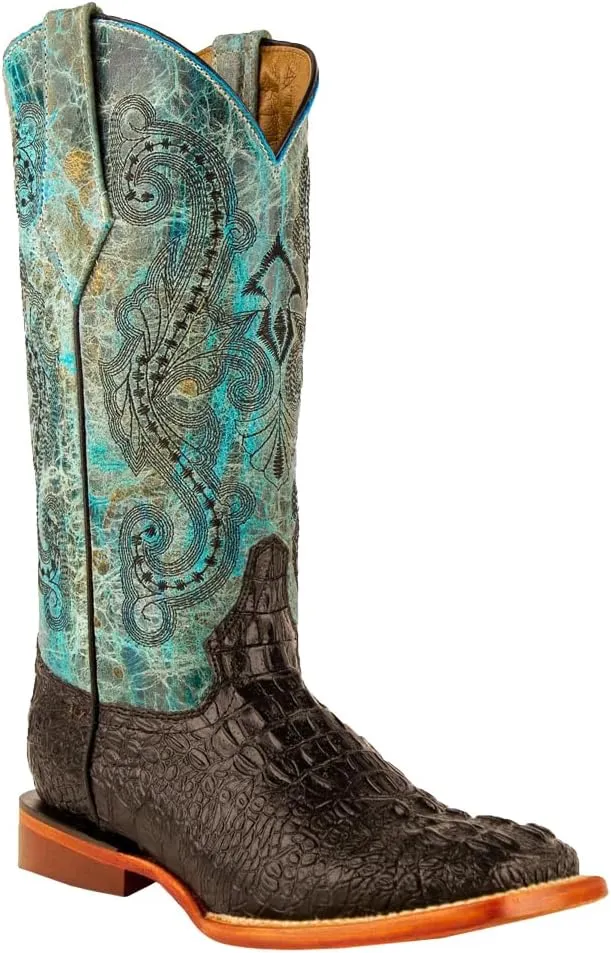 Womens Stampede Croco Print Square Toe Casual Boots Mid Calf Low Heel 1-2" - Blue, Brown, Green