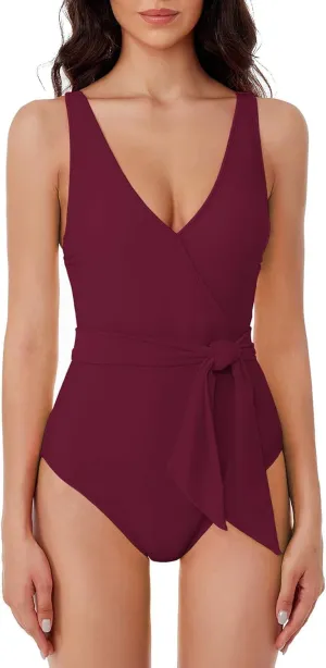 Women's Standard Megan One Piece Swimsuit, V-Neck, Wraparound Waist Tie, Bathing Suits