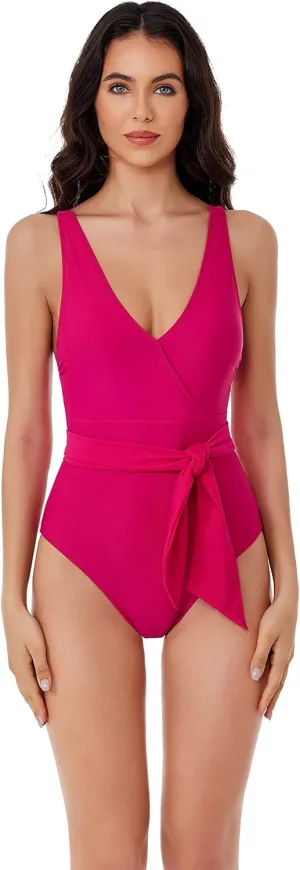 Women's Standard Megan One Piece Swimsuit, V-Neck, Wraparound Waist Tie, Bathing Suits