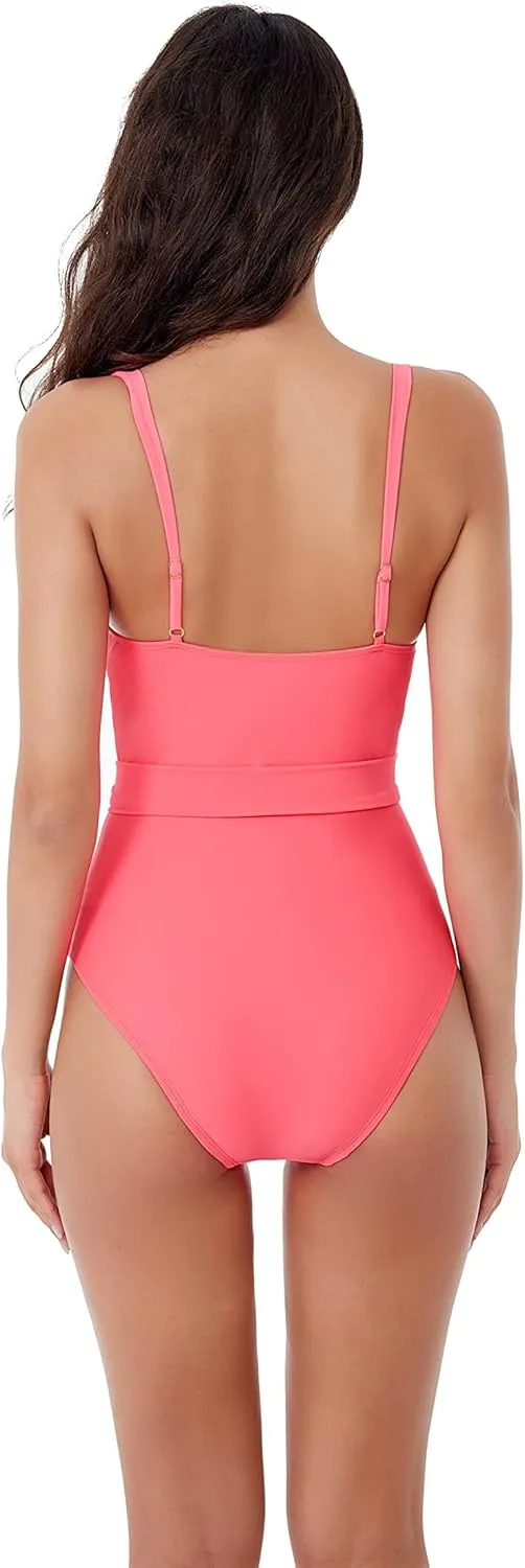 Women's Standard Megan One Piece Swimsuit, V-Neck, Wraparound Waist Tie, Bathing Suits