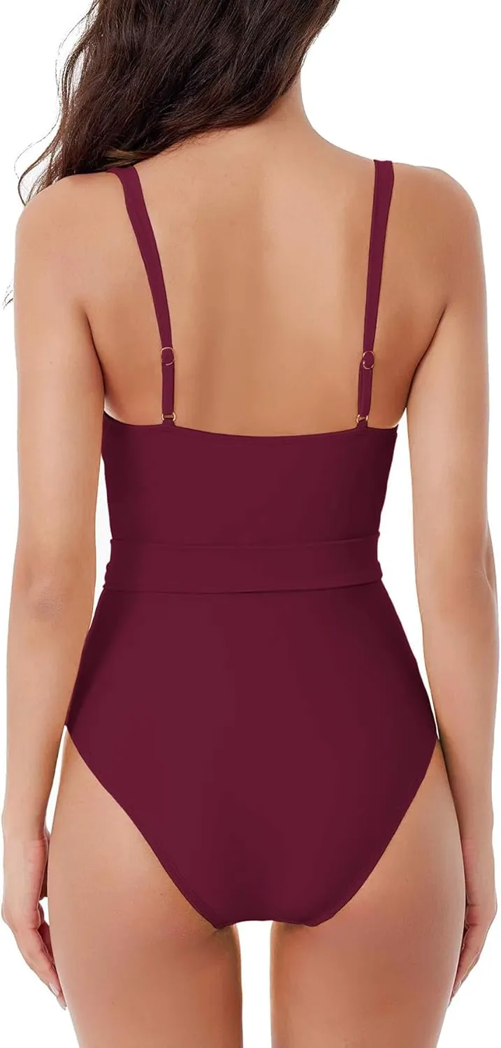 Women's Standard Megan One Piece Swimsuit, V-Neck, Wraparound Waist Tie, Bathing Suits