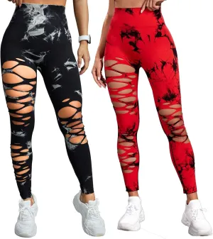 Women's Tie Dye Cutout Tights High Waist Workout Yoga Leggings,Scrunch Butt Lifting Elastic Pants,2 Pack