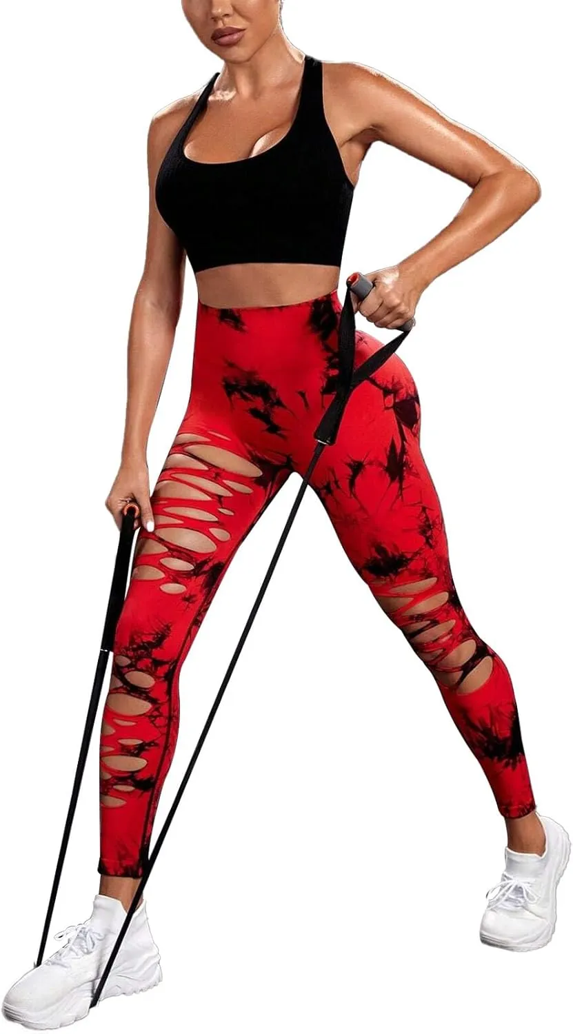 Women's Tie Dye Cutout Tights High Waist Workout Yoga Leggings,Scrunch Butt Lifting Elastic Pants,2 Pack