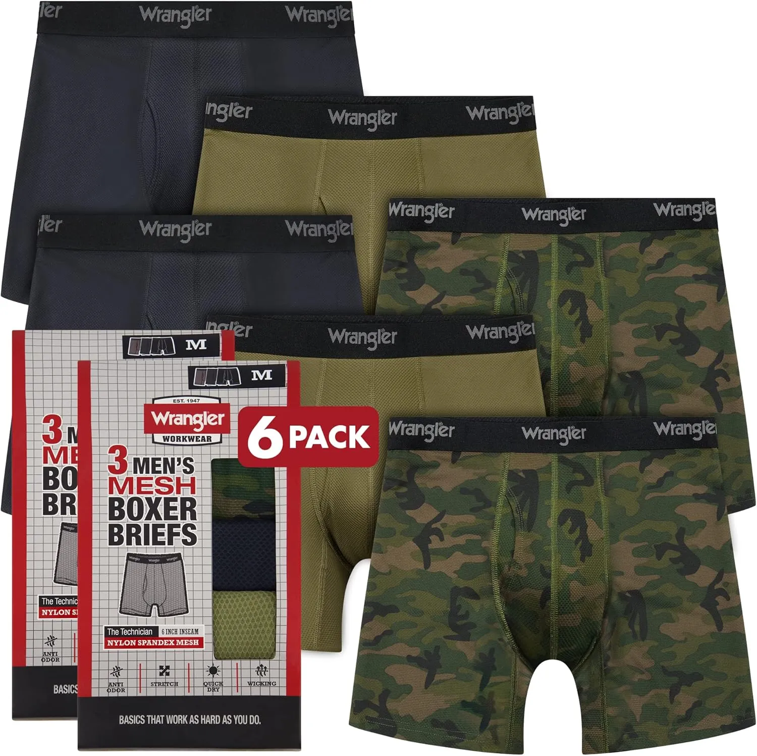 Wrangler Mesh Quick Dry Comfort Stretch Men’s Boxer Briefs, Nylon-Spandex Blend, 6-Pack, Moisture-Wicking, Anti-Odor