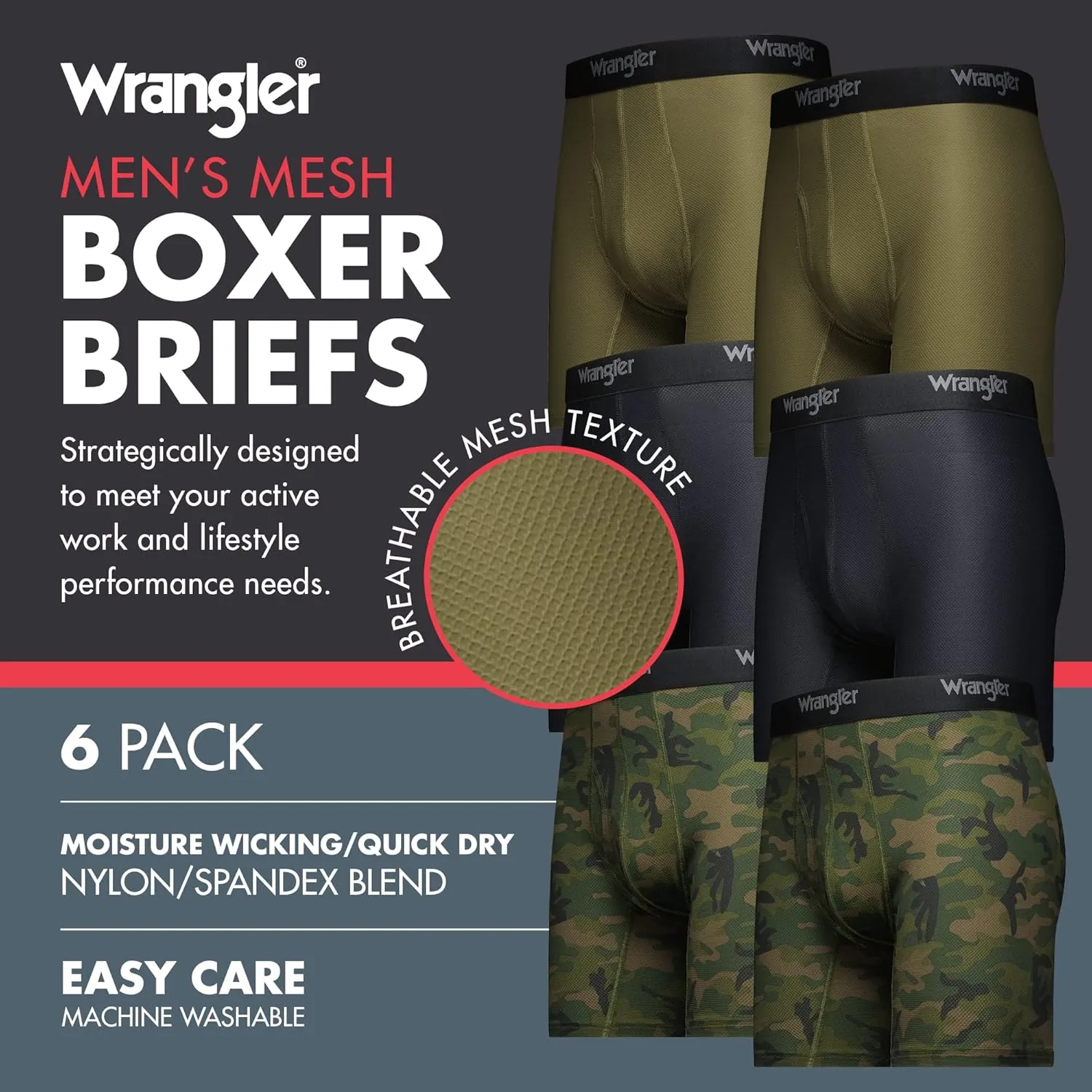 Wrangler Mesh Quick Dry Comfort Stretch Men’s Boxer Briefs, Nylon-Spandex Blend, 6-Pack, Moisture-Wicking, Anti-Odor