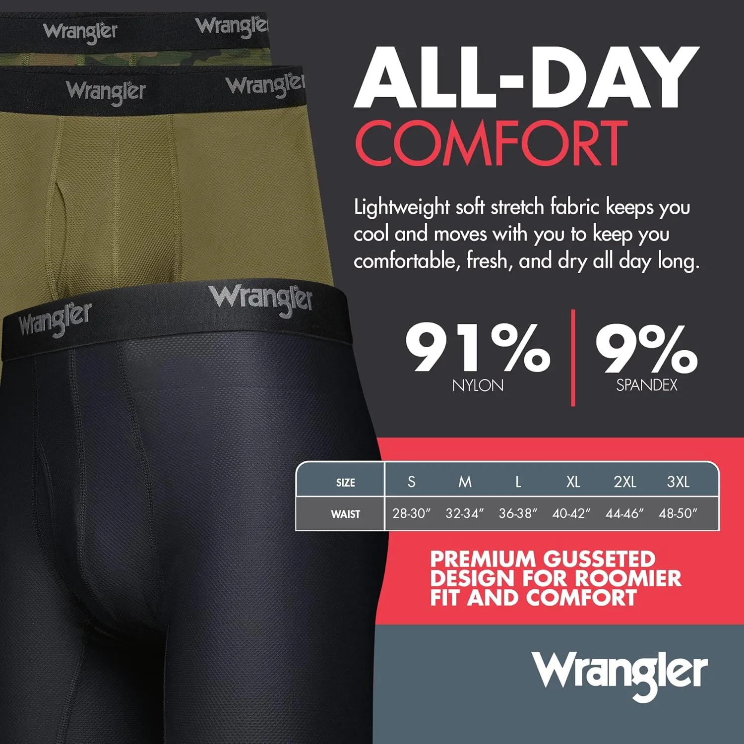 Wrangler Mesh Quick Dry Comfort Stretch Men’s Boxer Briefs, Nylon-Spandex Blend, 6-Pack, Moisture-Wicking, Anti-Odor