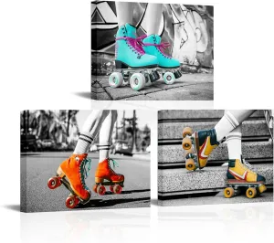 xiysien Canvas Wall Art Retro Roller Skates Picture Wall Decor Roller Skates Sports Print Paintings Artwork for Living Room Bedroom 12''x16''x3PCS