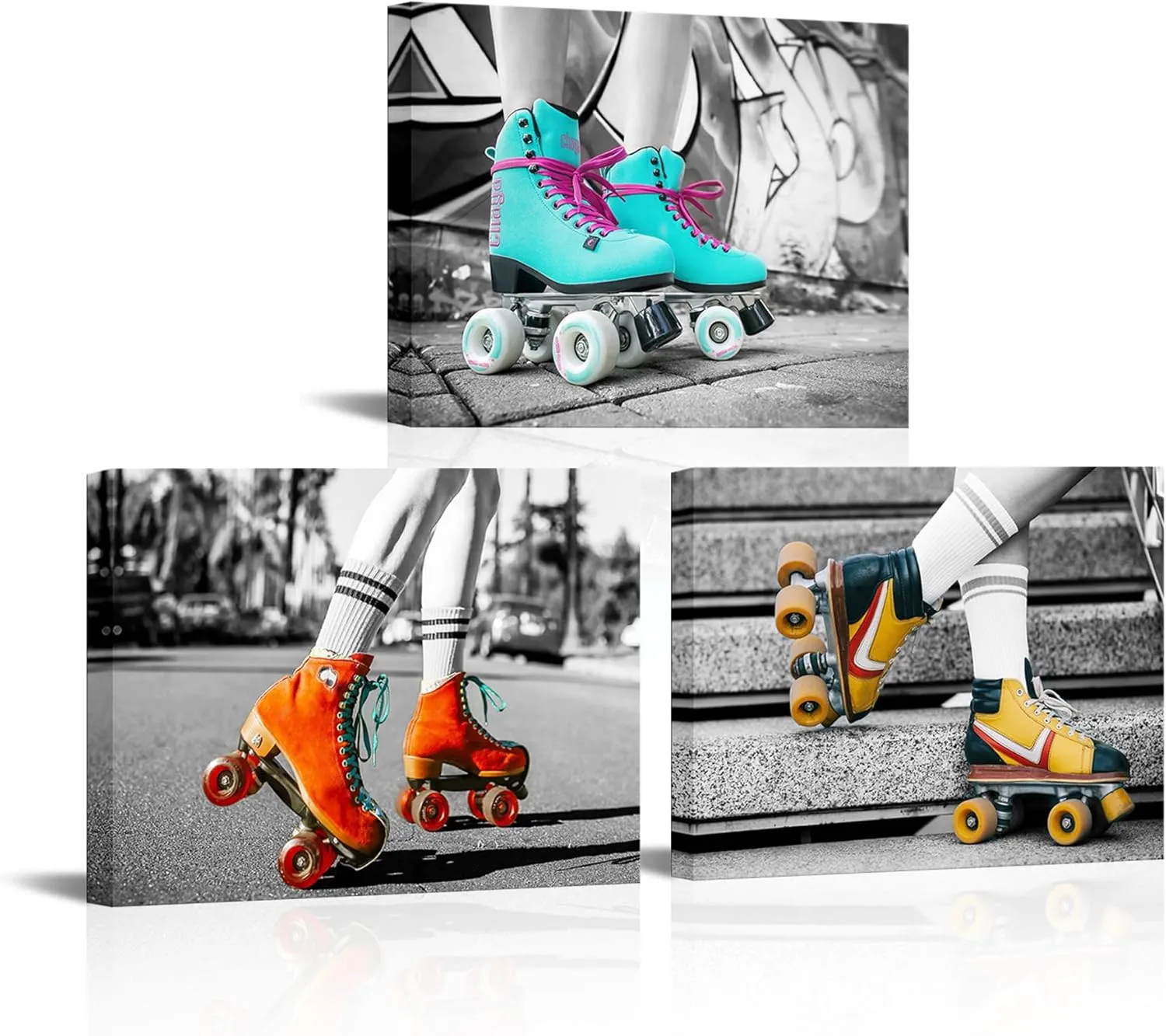xiysien Canvas Wall Art Retro Roller Skates Picture Wall Decor Roller Skates Sports Print Paintings Artwork for Living Room Bedroom 12''x16''x3PCS