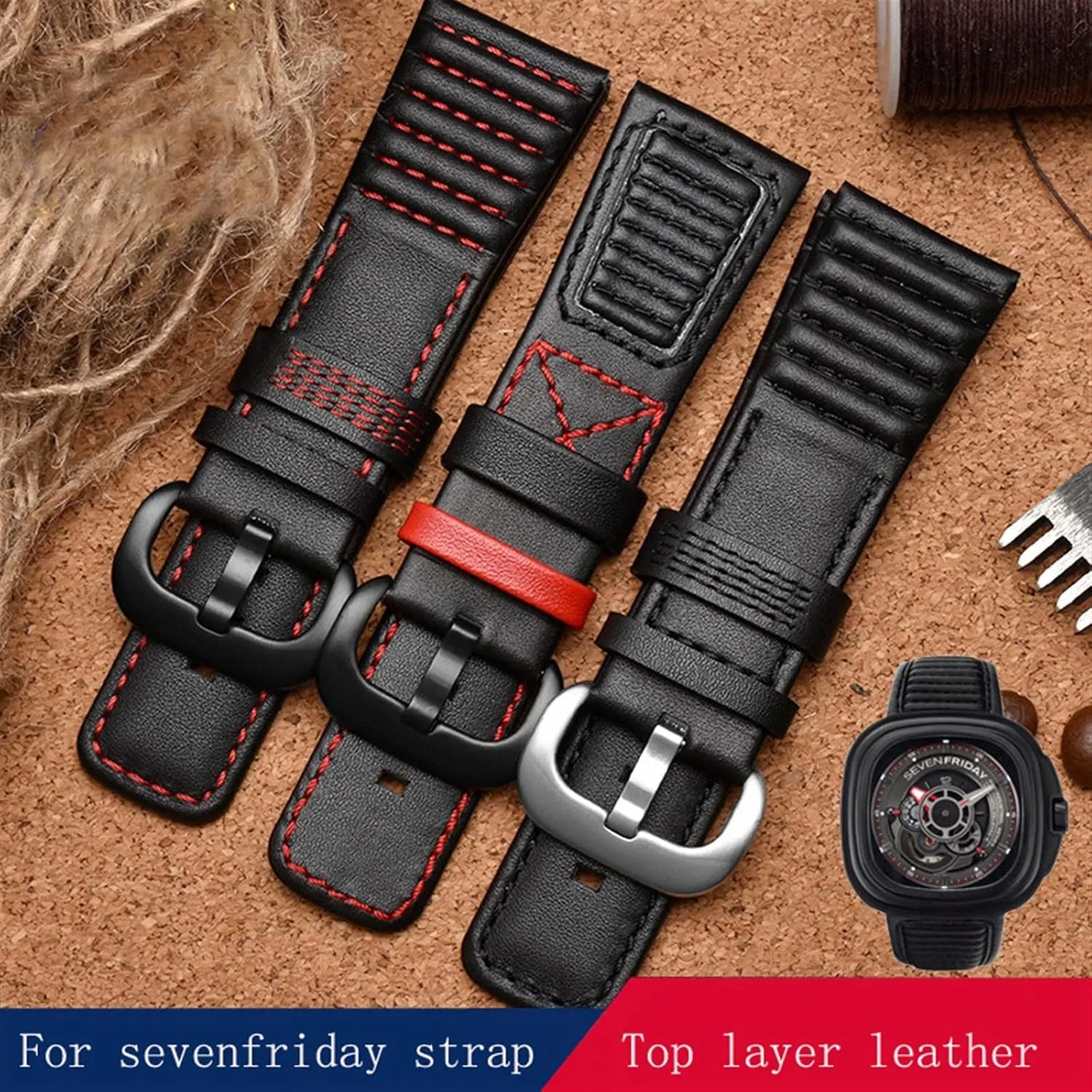 XMKT 28mm Genuine Leather With Stitches Wrist Watchband Loops For Sevenfriday P3B/01 S2/01 Men Watch Strap