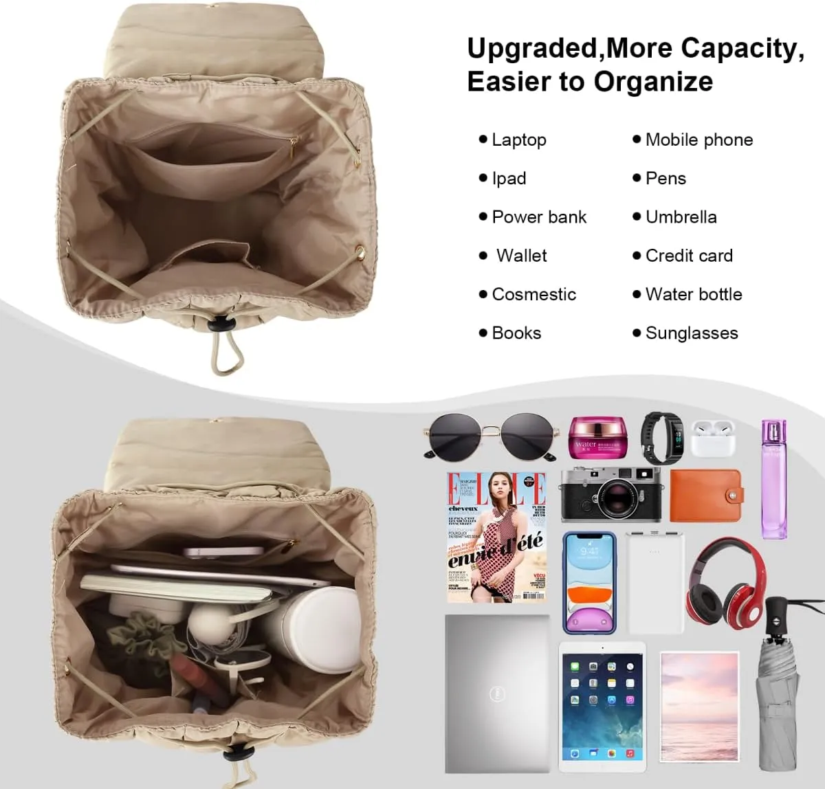 XSUIOY Quilted Backpack Purse for Women Small Lightweight Puffer Puffy College Laptop Backpack Nylon Casual Bookbag Daypack Top Flap Drawstring Padding Hiker Travel Gym Backpack(Khaki)