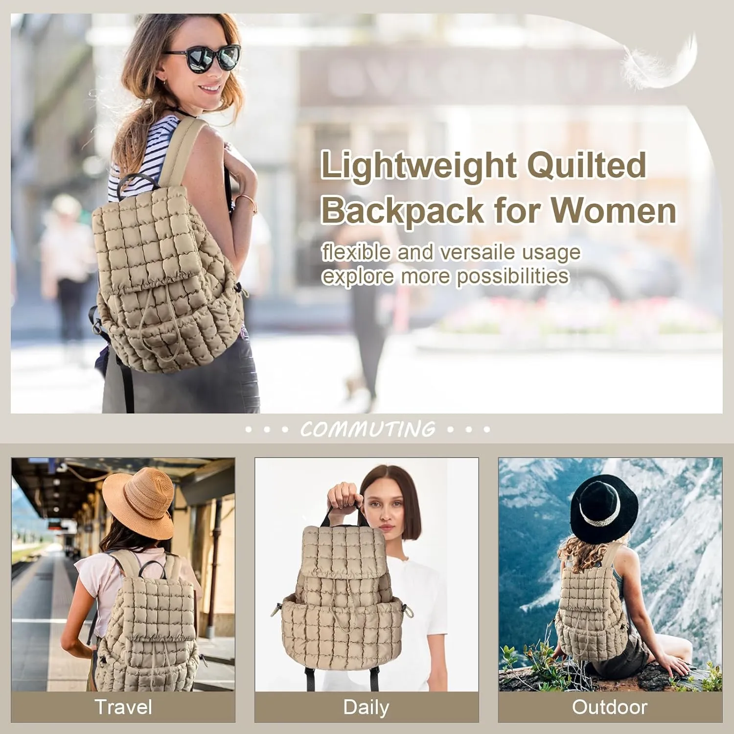 XSUIOY Quilted Backpack Purse for Women Small Lightweight Puffer Puffy College Laptop Backpack Nylon Casual Bookbag Daypack Top Flap Drawstring Padding Hiker Travel Gym Backpack(Khaki)