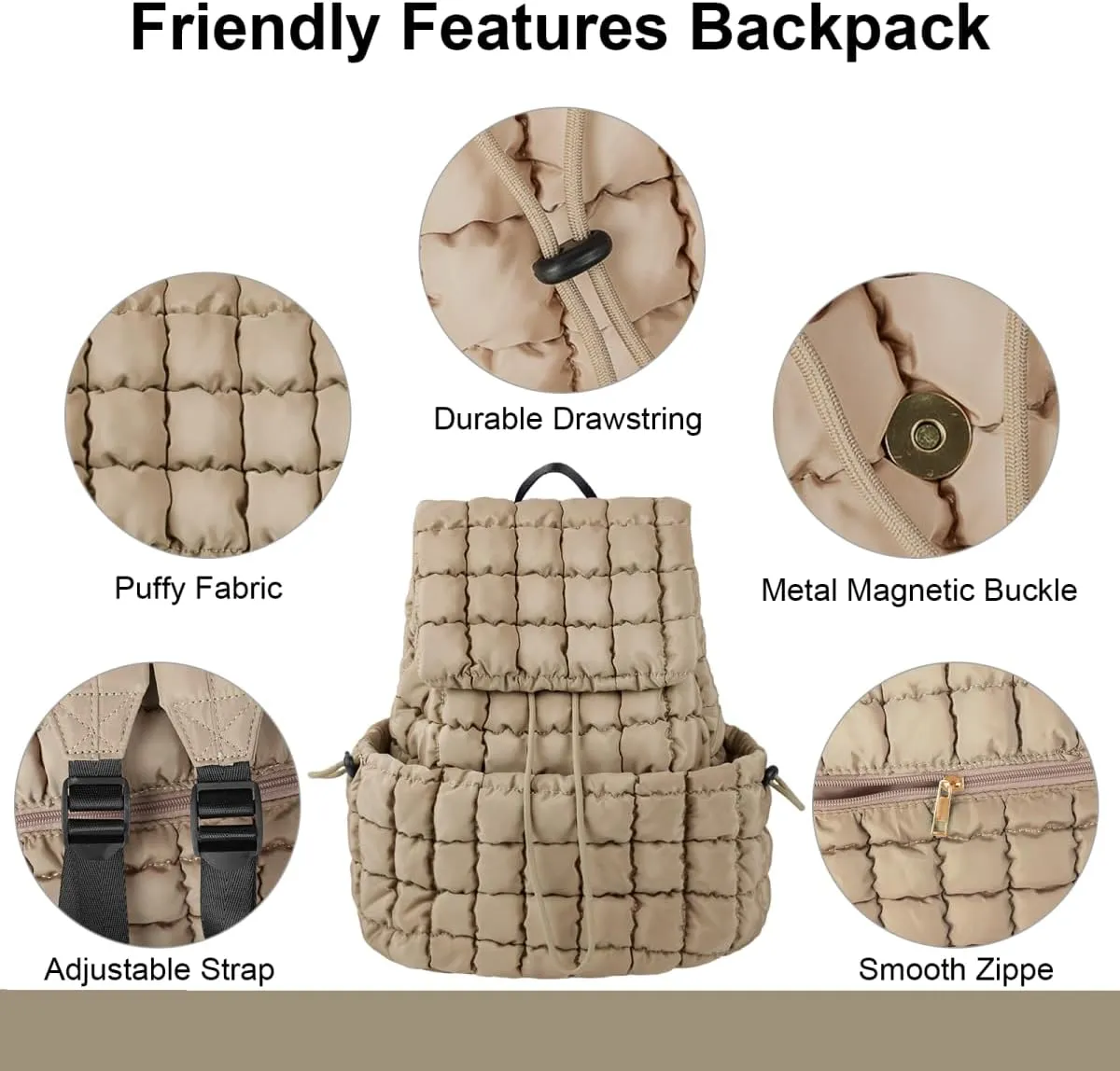 XSUIOY Quilted Backpack Purse for Women Small Lightweight Puffer Puffy College Laptop Backpack Nylon Casual Bookbag Daypack Top Flap Drawstring Padding Hiker Travel Gym Backpack(Khaki)
