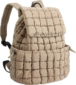 XSUIOY Quilted Backpack Purse for Women Small Lightweight Puffer Puffy College Laptop Backpack Nylon Casual Bookbag Daypack Top Flap Drawstring Padding Hiker Travel Gym Backpack(Khaki)