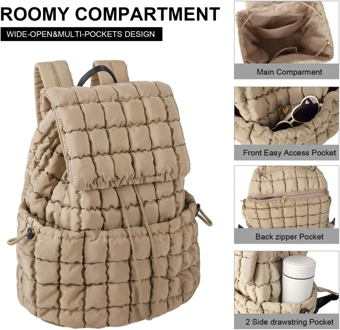 XSUIOY Quilted Backpack Purse for Women Small Lightweight Puffer Puffy College Laptop Backpack Nylon Casual Bookbag Daypack Top Flap Drawstring Padding Hiker Travel Gym Backpack(Khaki)