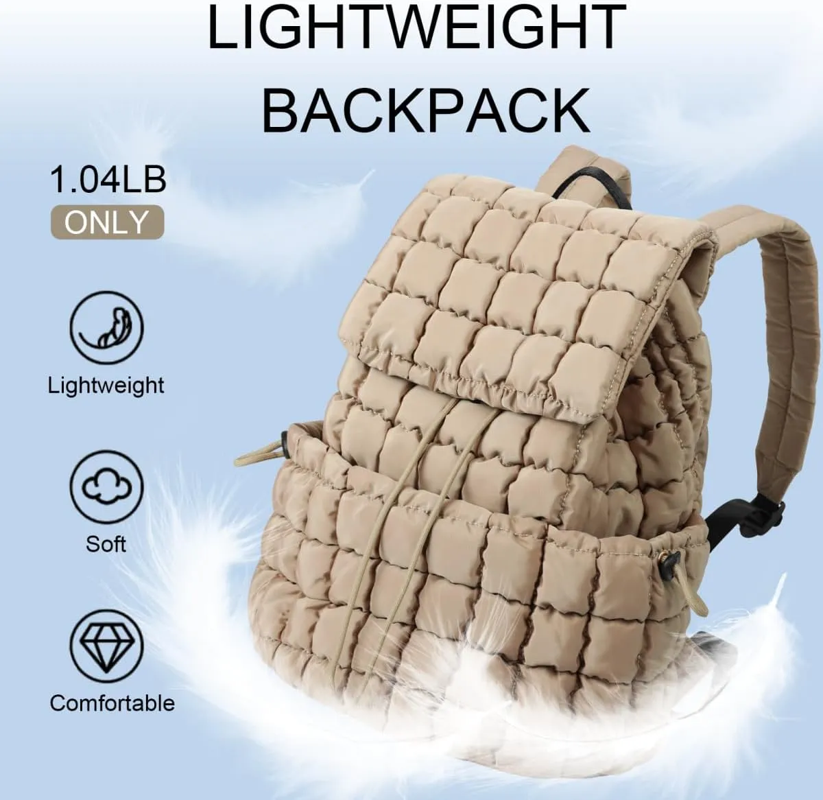 XSUIOY Quilted Backpack Purse for Women Small Lightweight Puffer Puffy College Laptop Backpack Nylon Casual Bookbag Daypack Top Flap Drawstring Padding Hiker Travel Gym Backpack(Khaki)