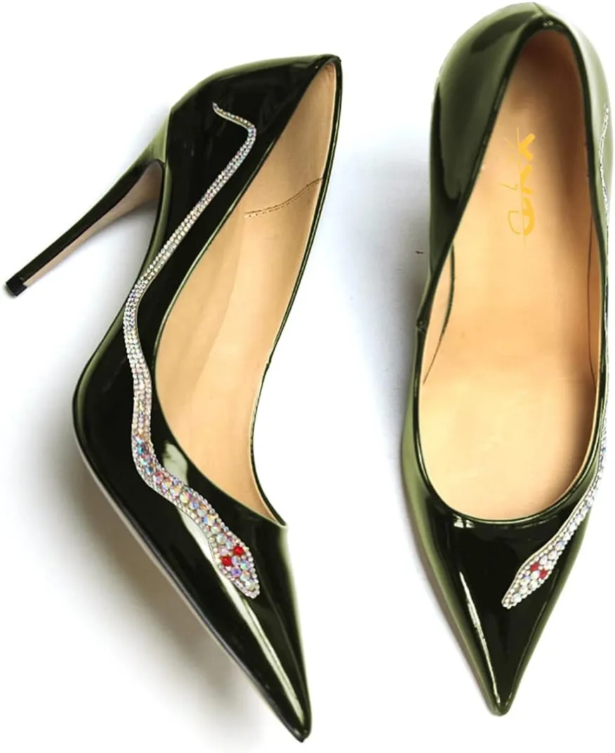 XYD Women Pointed Toe Pumps High Heels Slip on Rhinestone Inlaid Snake Pattern Stiletto Patent Leather Glossy Dress Party Shiny Prom Shoes