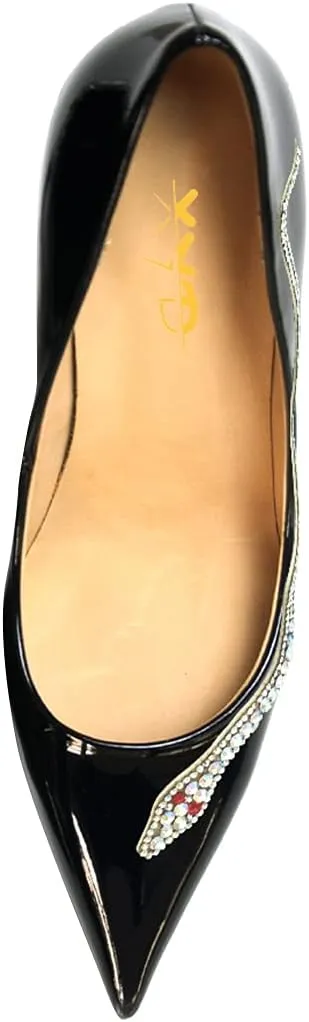 XYD Women Pointed Toe Pumps High Heels Slip on Rhinestone Inlaid Snake Pattern Stiletto Patent Leather Glossy Dress Party Shiny Prom Shoes